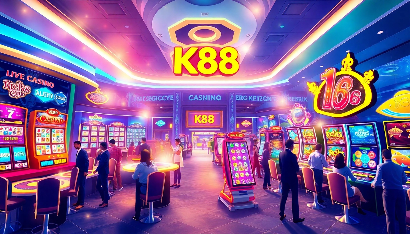 K88 online gambling platform showcasing vibrant gaming sections including live casino and slot machines.