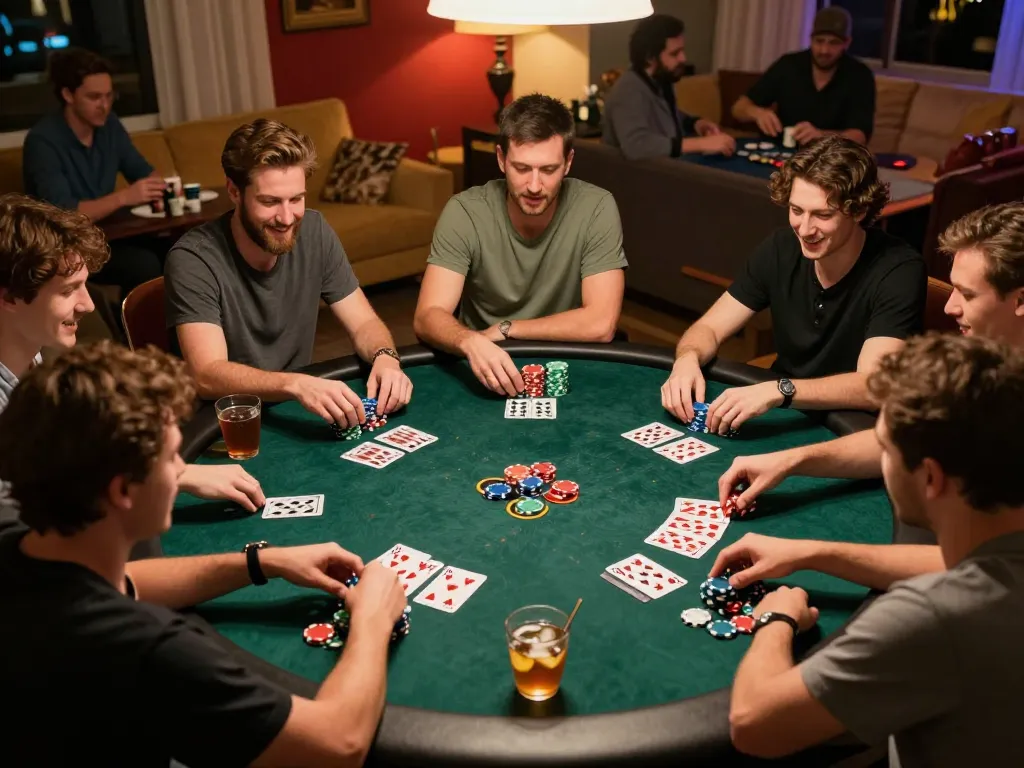 Players enjoying a lively poker night at home with XX88 gaming interface visible, showcasing strategic gameplay.