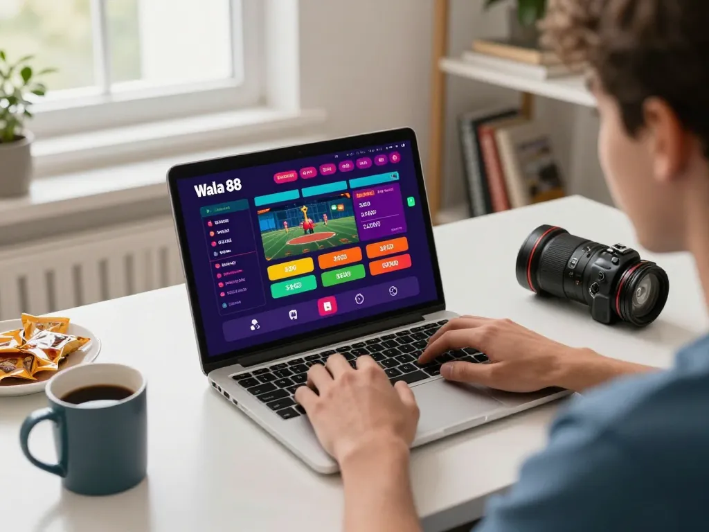 Engaging in sports betting on Wala 88 platform with colorful app interface and cozy home lighting.