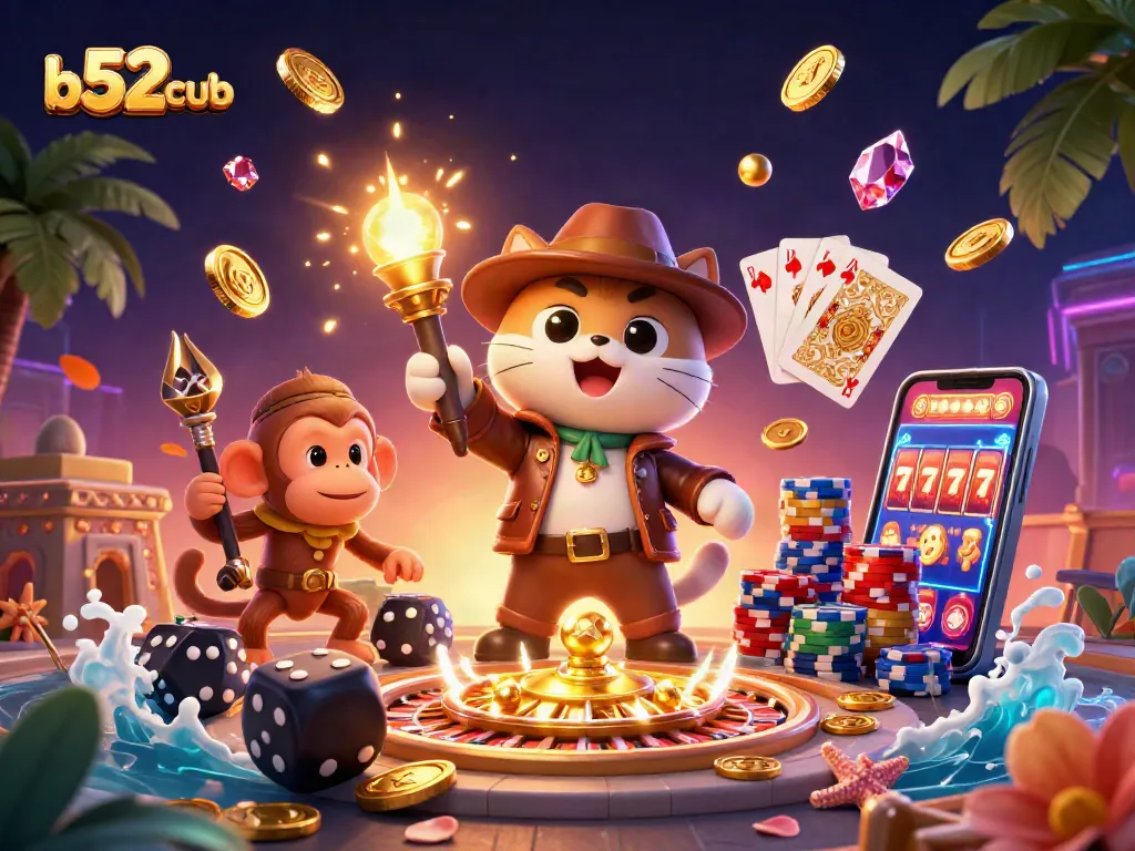 B52club players explore a dynamic casino scene with golden coins, poker cards, and captivating visuals in 3D.