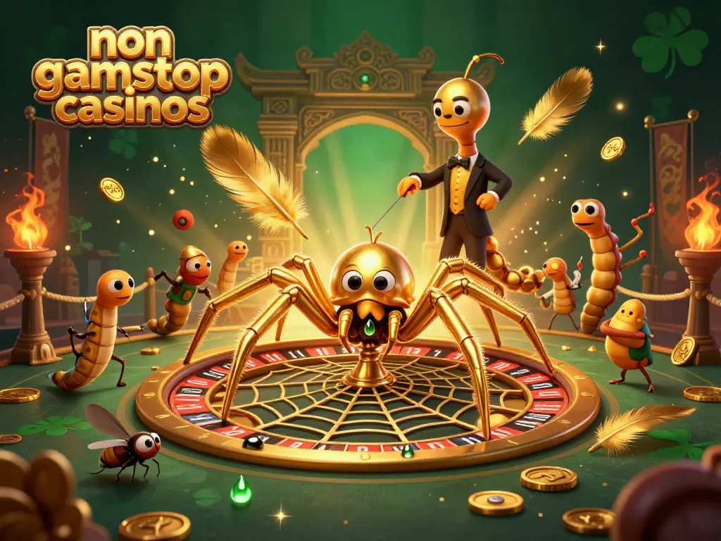 Engaging scene of non gamstop casinos with a quirky spider and croupier illustrating betting dynamics.