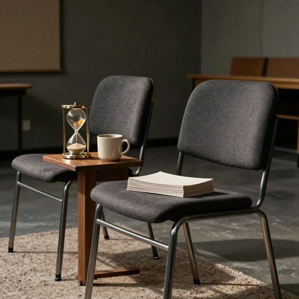Two empty chairs, sand timer, mug and cue cards in a warm interview practice room.