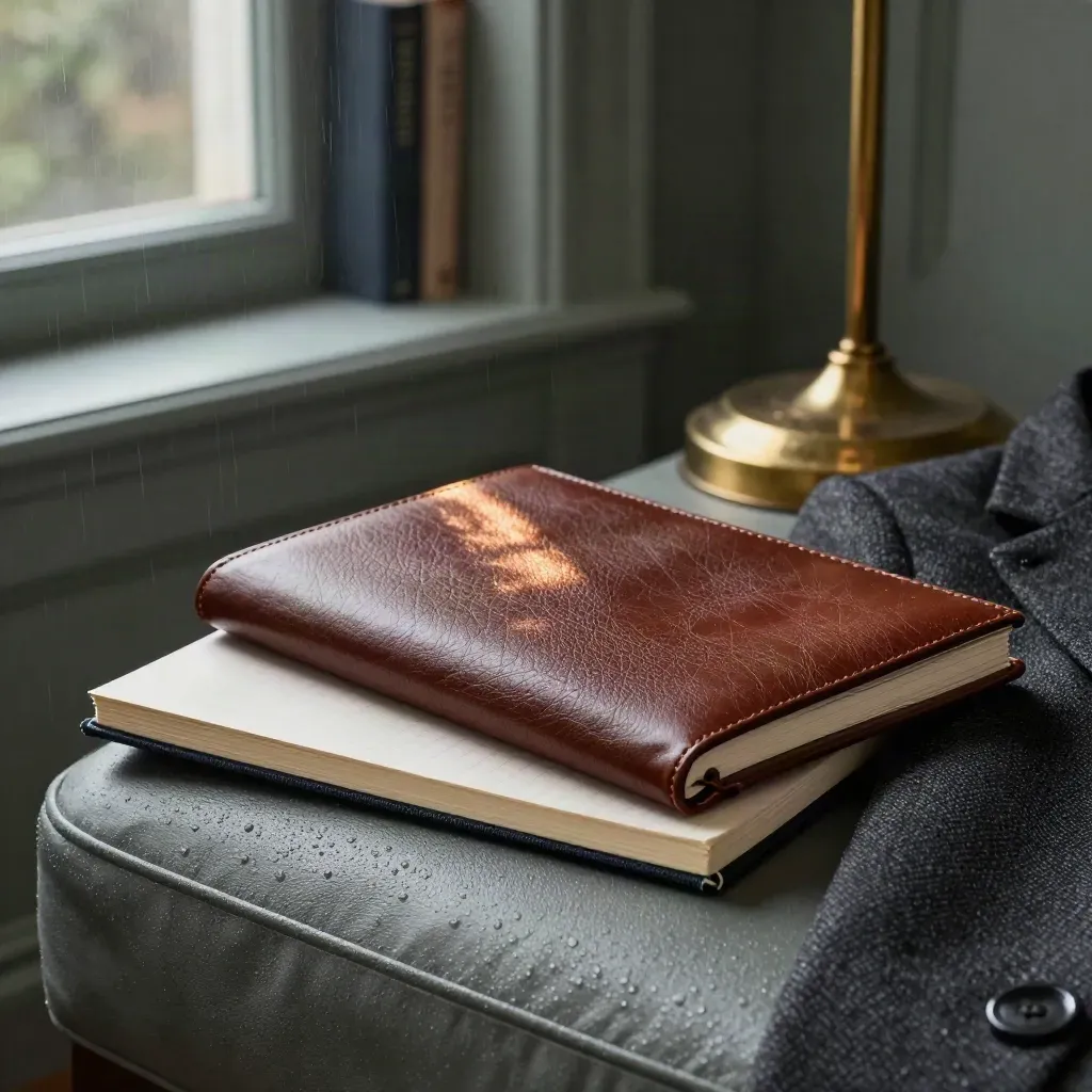 Leather portfolio, notebook, blazer and brass lamp in a misty dawn reading nook.