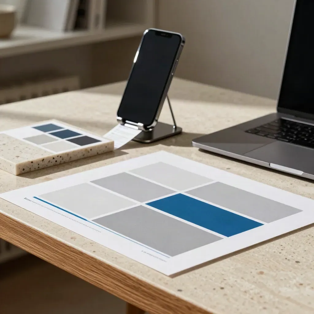 LinkedIn rewrite setup with proof print, phone stand, closed laptop and colour swatch card
