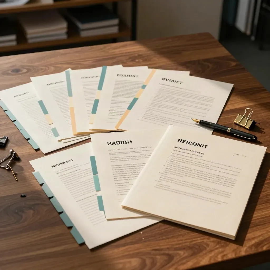 Overhead CV rewrite pages, colour tabs, fountain pen and folder clips on a warm wood table