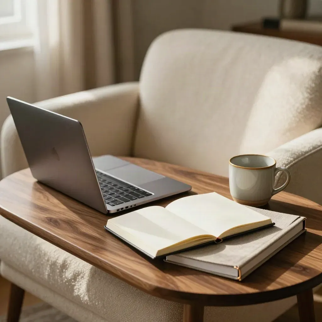 Prepared coaching corner with laptop, notebook, mug and folio on a chair and side table