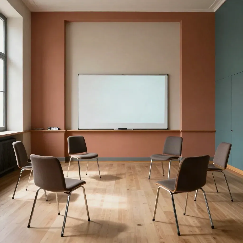 Empty workshop room with six chairs, blank whiteboard, marker tray and projector glow.