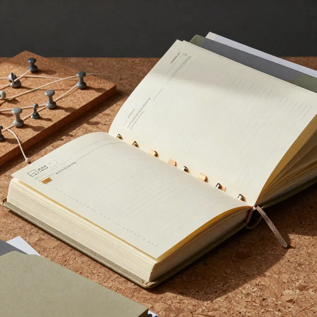 Overhead macro of job search planner tabs, pin board routes, and application folders.