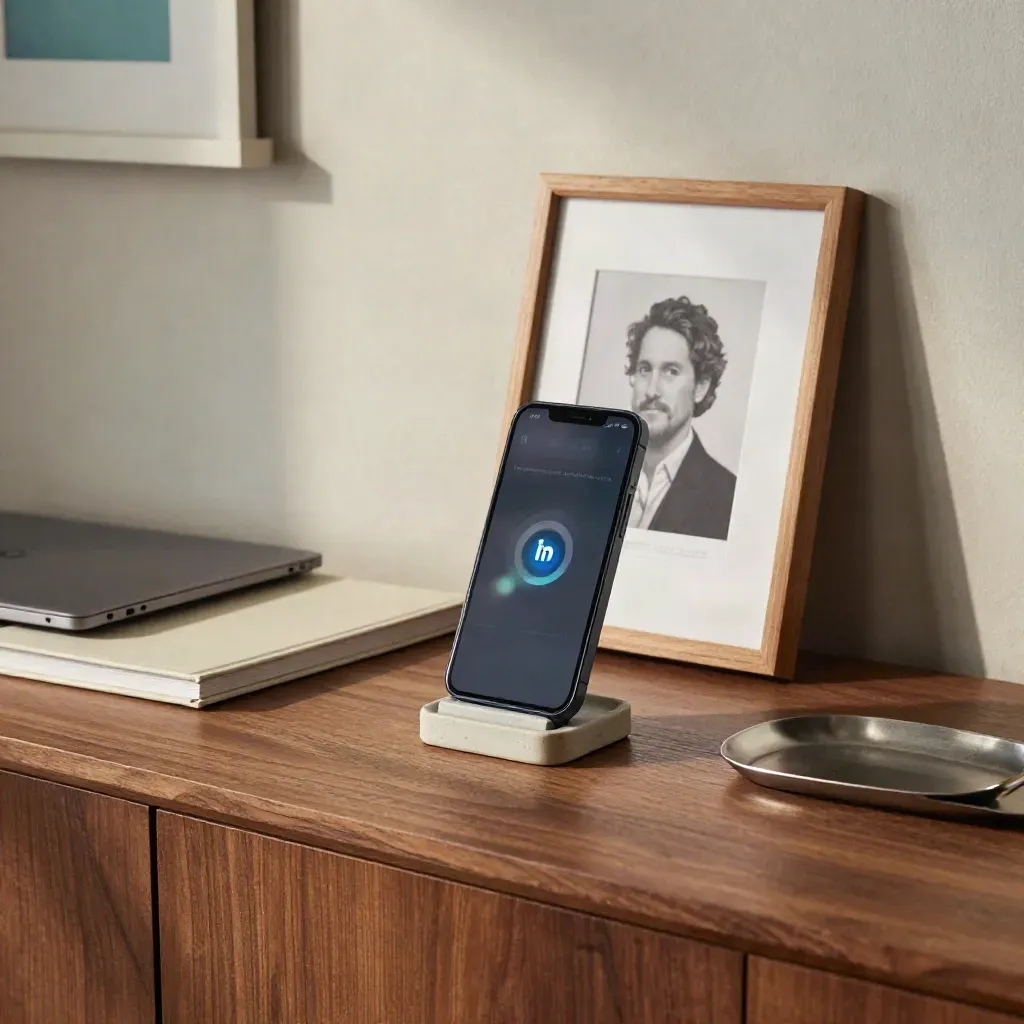 Phone, closed laptop and framed print on a walnut sideboard, softly lit with recruiter message glow.
