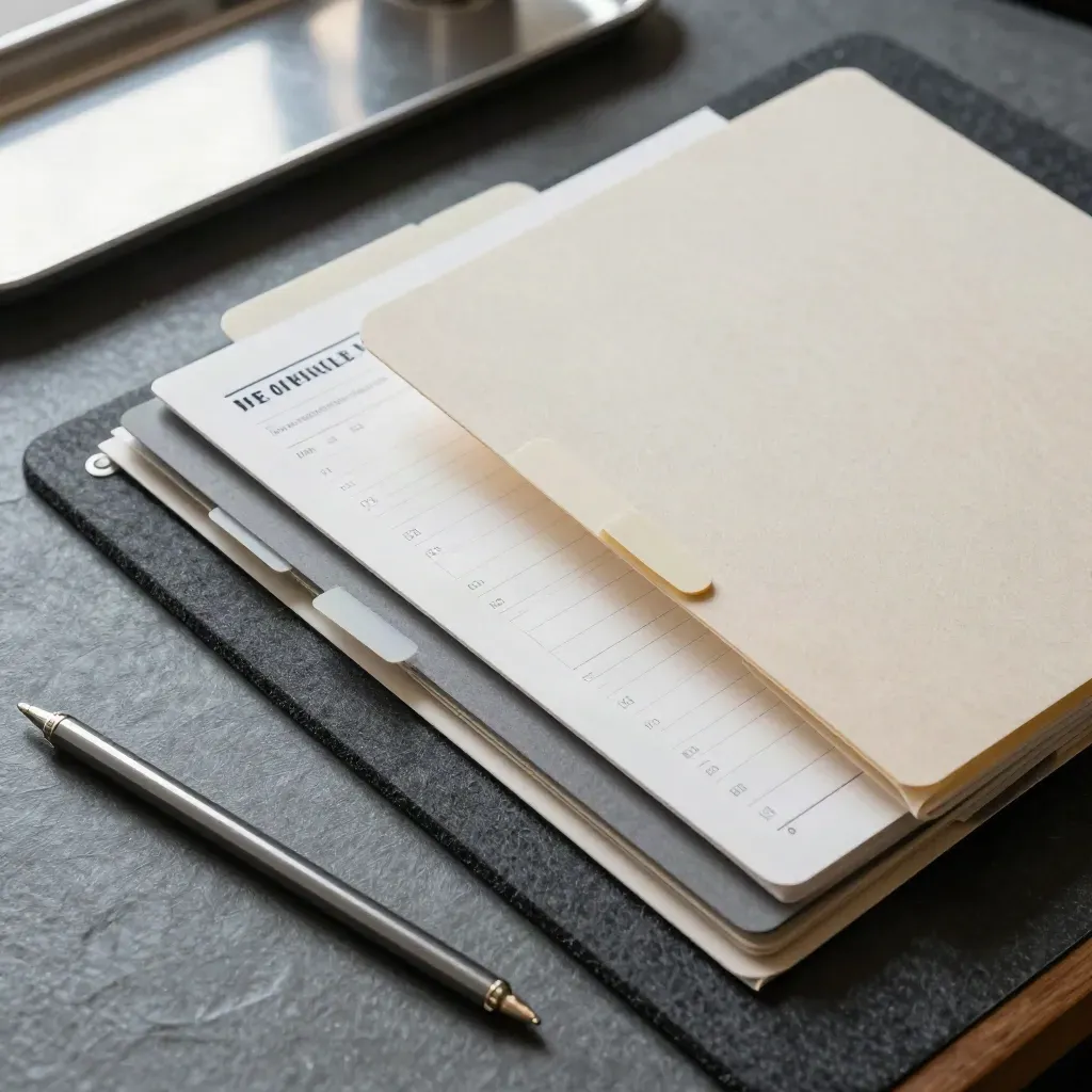 Top-down planning board with colour tabs, transit card, folders and notebook on a slate surface.