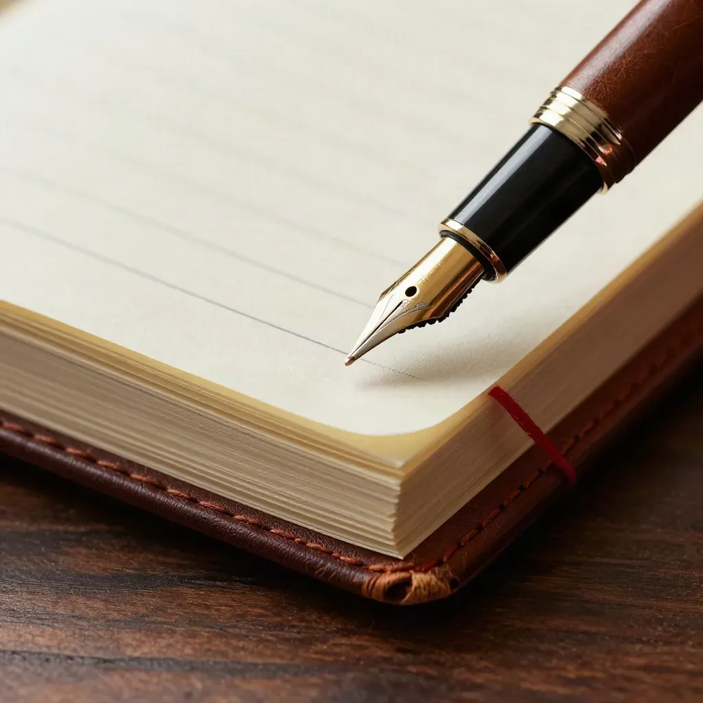 Macro of a fountain pen, leather notebook and red-thread markers on walnut, softly lit from upper left.