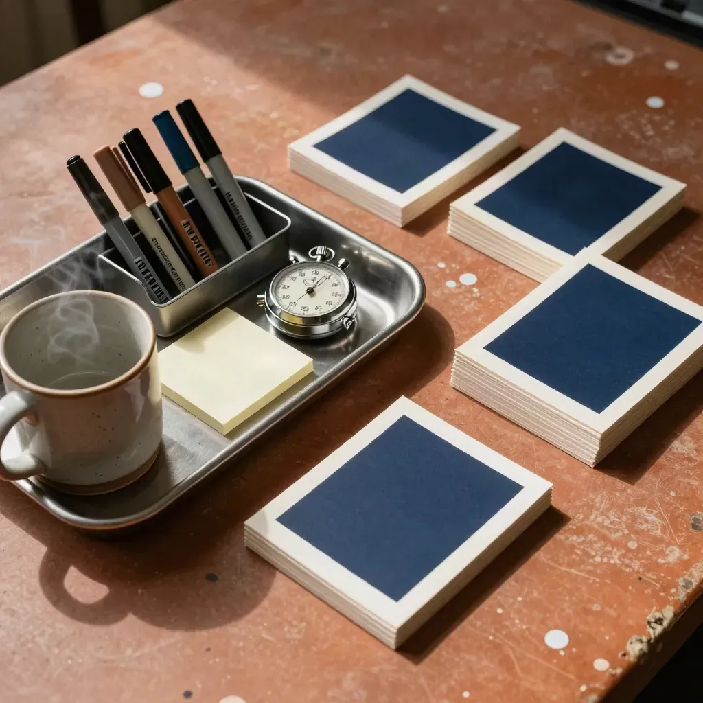 Workshop kit with marker pens, sticky dots, stopwatch, mug and face-down cards on terracotta.