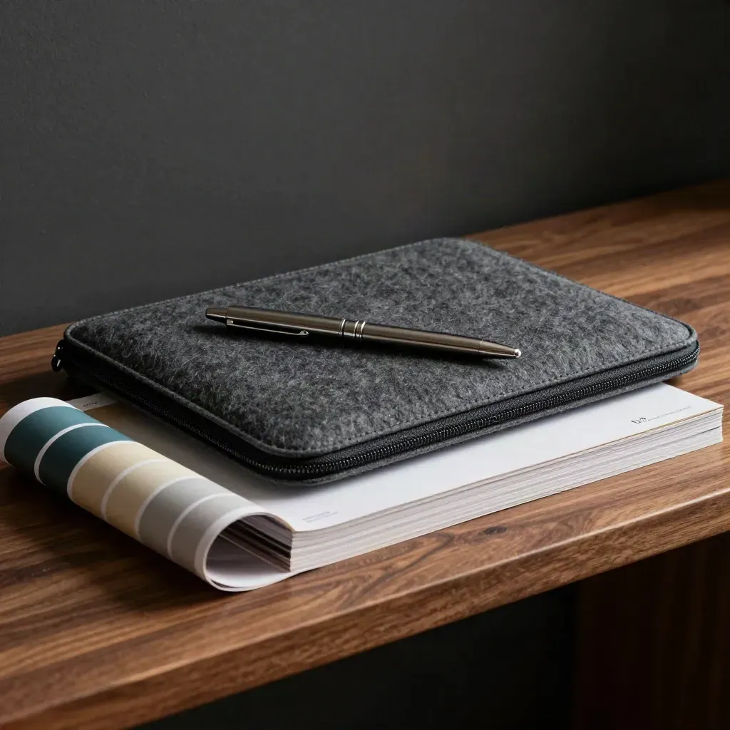 Laptop sleeve, pen, portfolio cards and colour proof strip on a walnut surface in dramatic light.