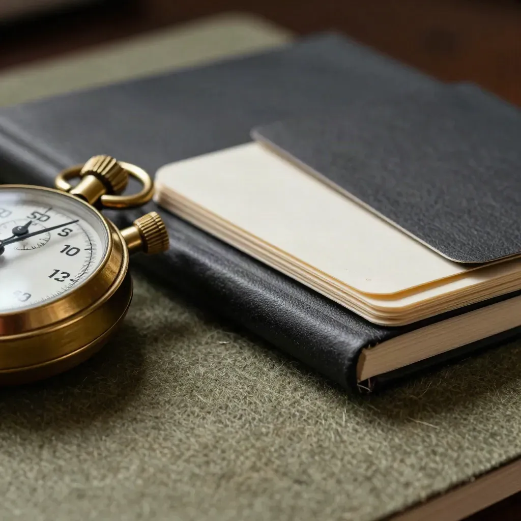 Brass stopwatch beside a matte black notebook cover and folded cue cards in hard skimming light.
