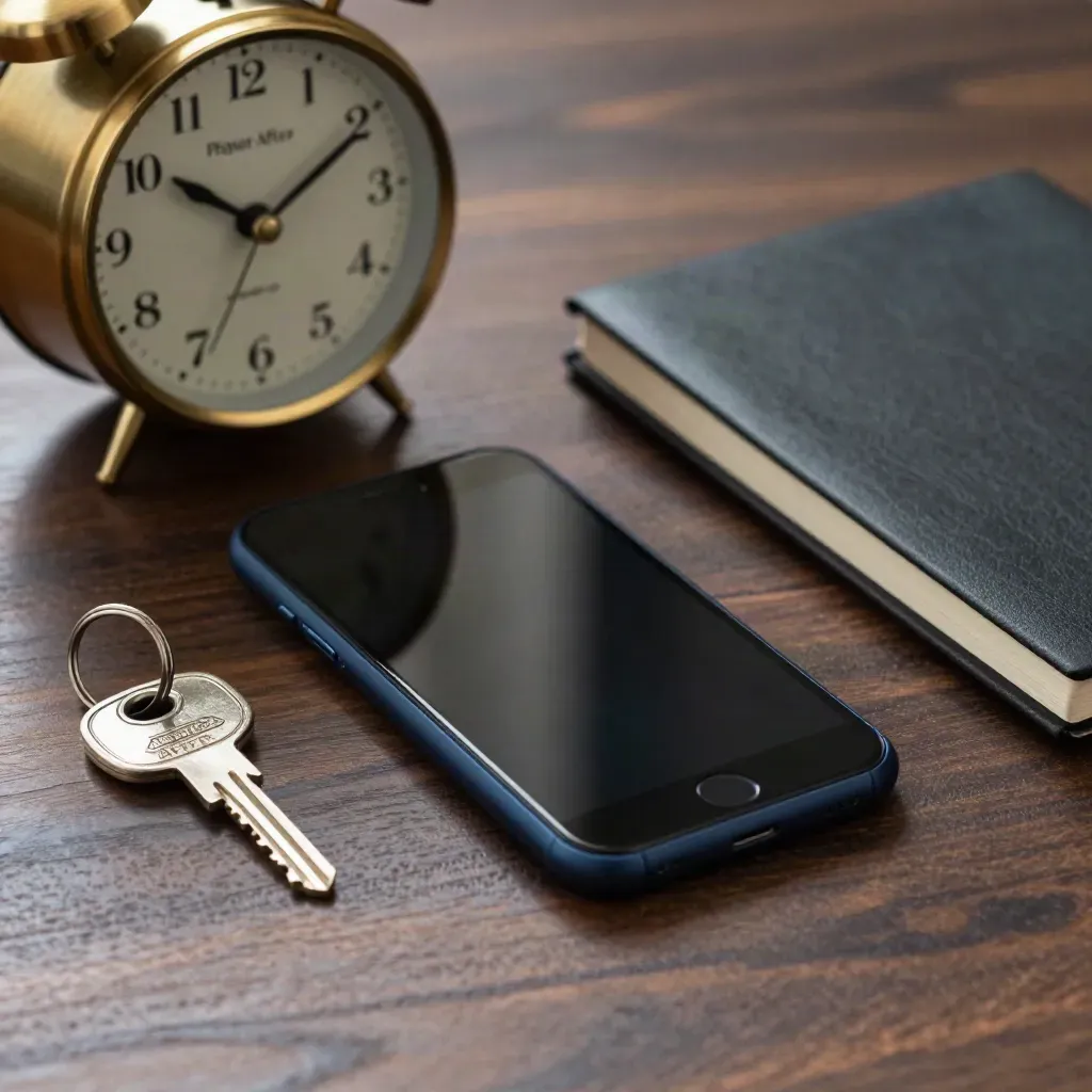 Face-down phone with brass clock, key ring and notebook on dark walnut surface.