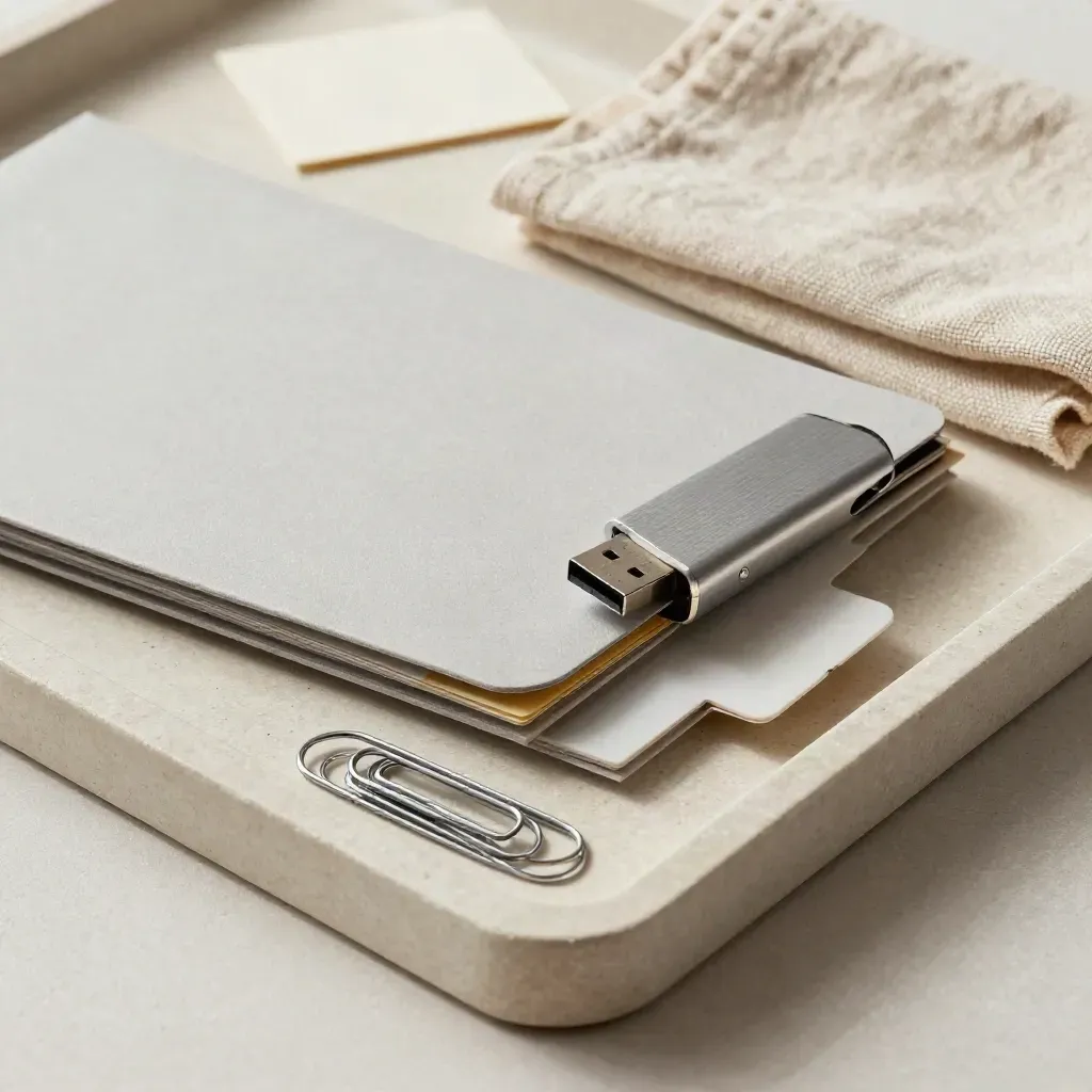 Stone tray with document sleeve, USB drive, paperclips and folder tab, plus linen cloth.