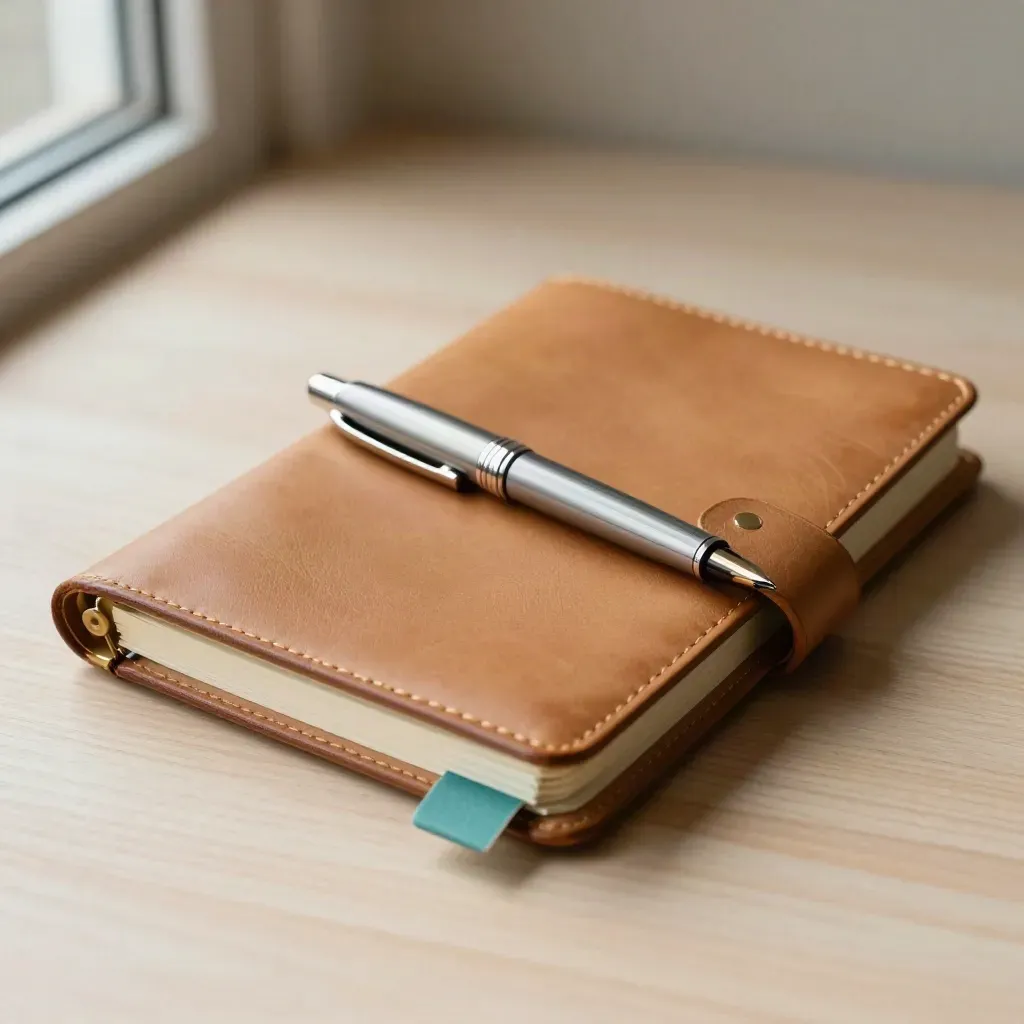Leather notebook, fountain pen and card holder on pale wood in soft side light