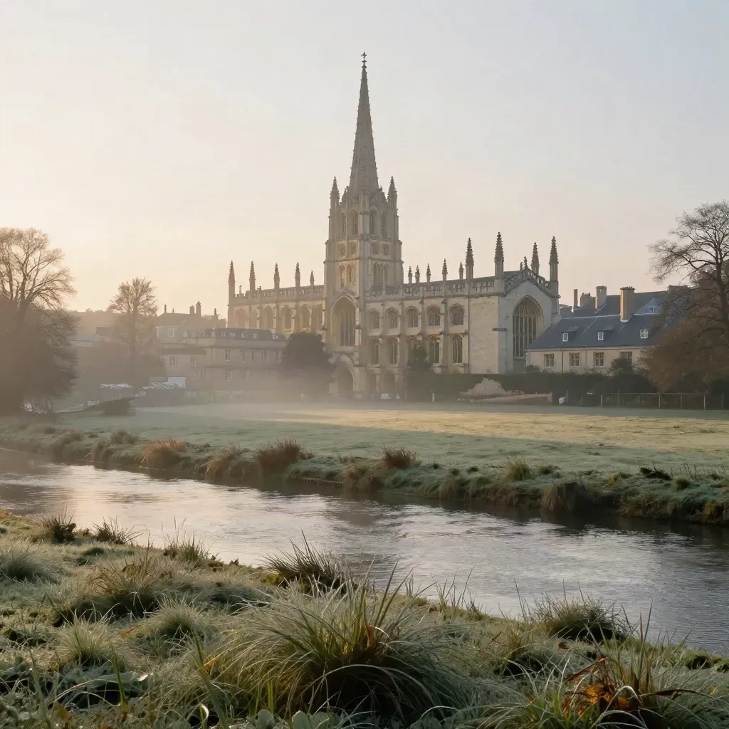Oxford spires above a misty meadow and river at sunrise, calm open lower field