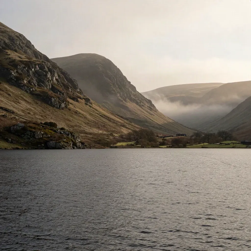 Lake District ridgeline above a dark lake with mist and open space for copy