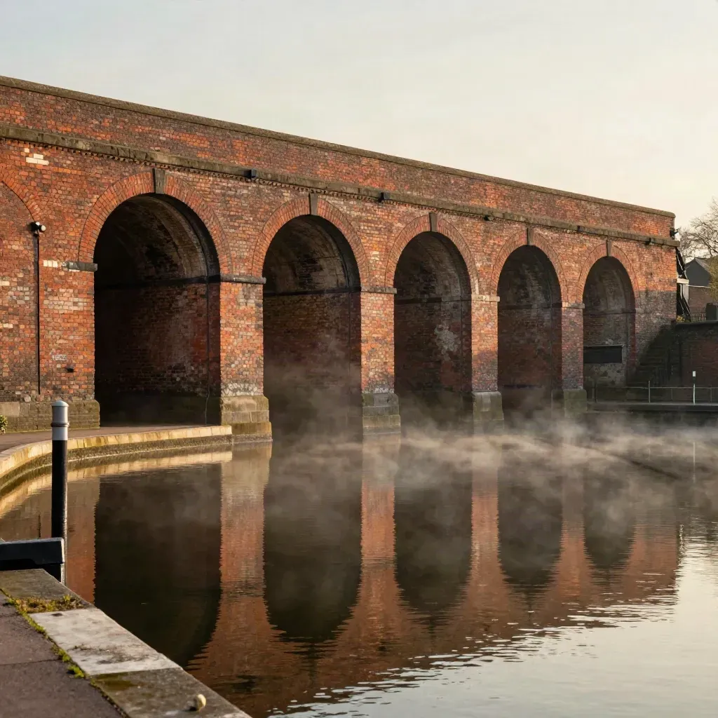 Warm red-brick canal arches above still water, hazy sky, and open calm foreground for copy.