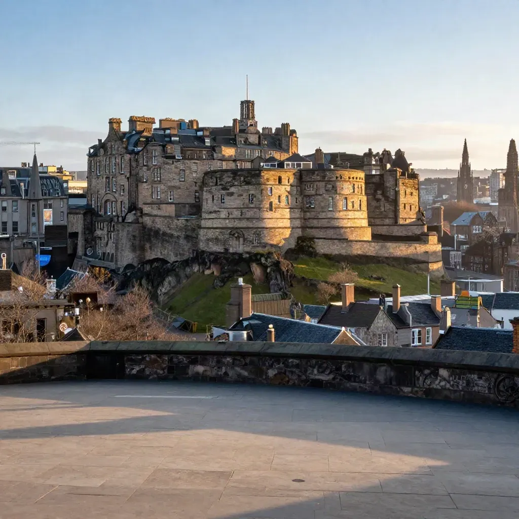 Edinburgh Castle and Old Town glowing above a misty sandstone foreground at sunrise