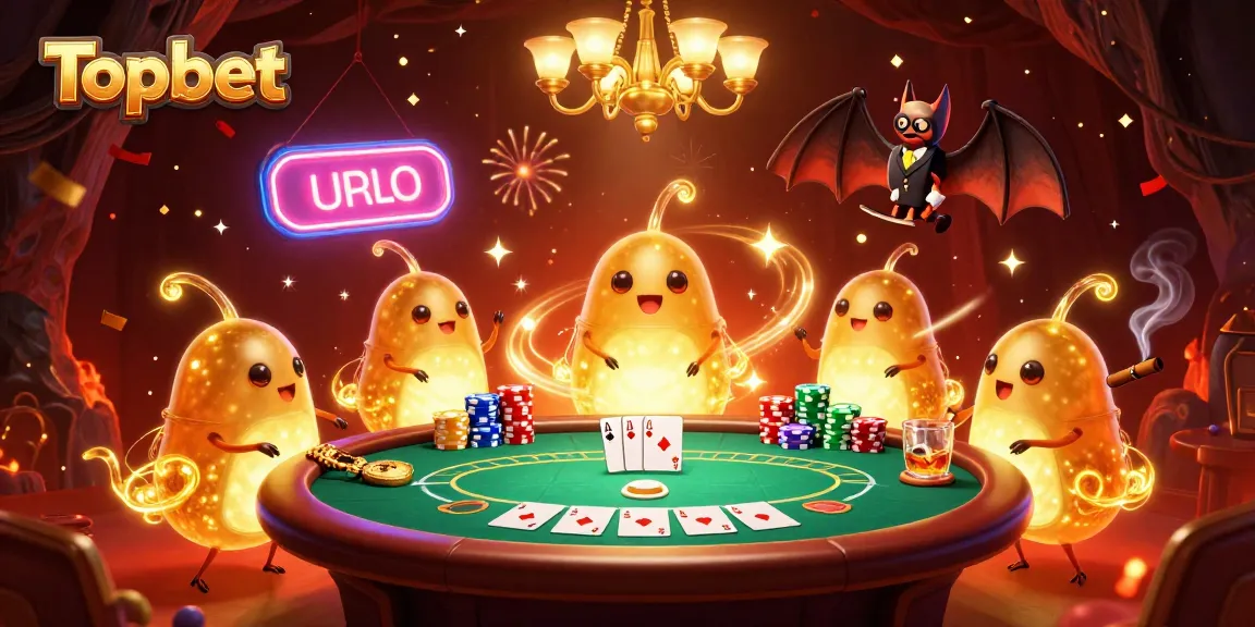 Experience Topbet's vibrant casino atmosphere featuring a glowworm team illuminating a poker scene.