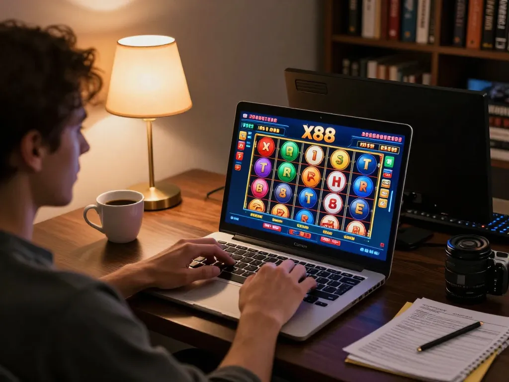 Person engaging in x88 online casino gaming at home with laptop and strategy notes