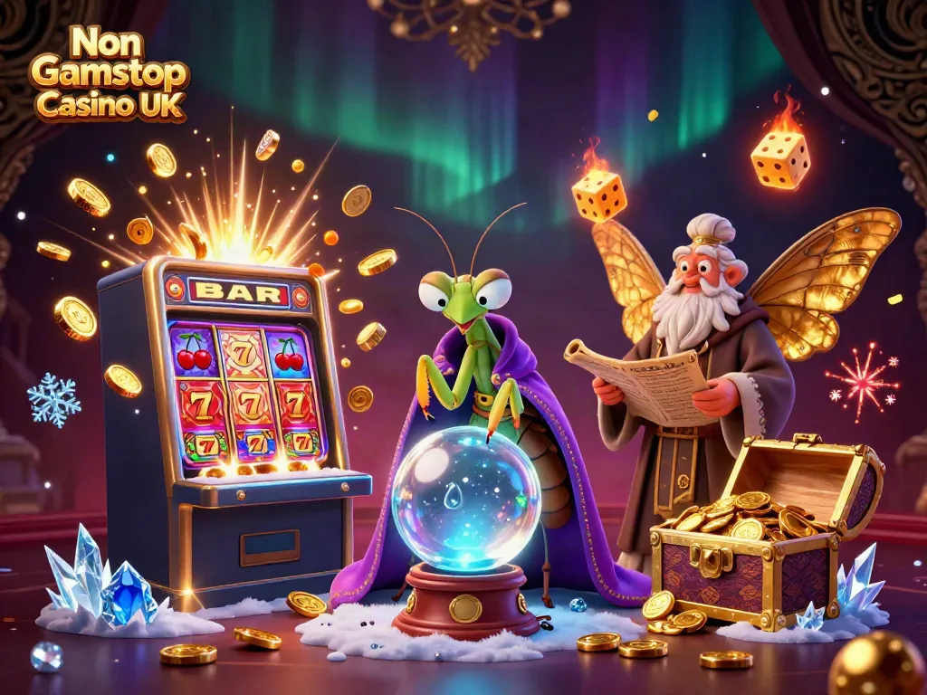 Engage with vibrant Non Gamstop Casino UK scene featuring fortune teller and thrilling slot machine action.