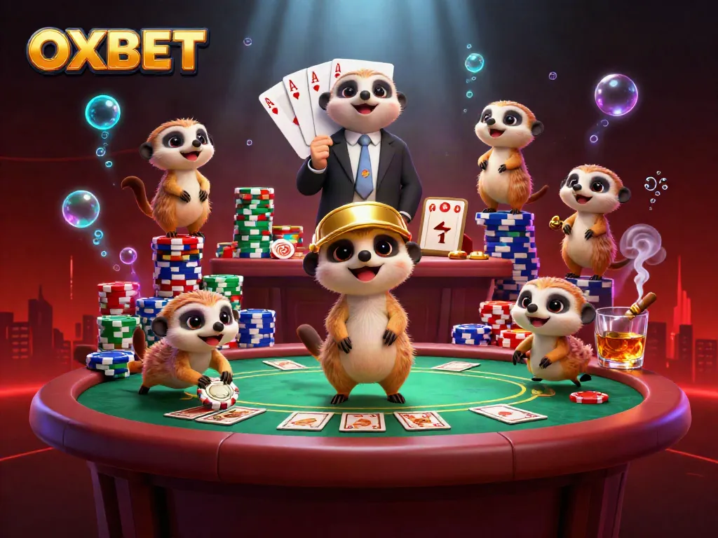 OXBET casino scene featuring meerkats managing a poker table and sneaking chips.