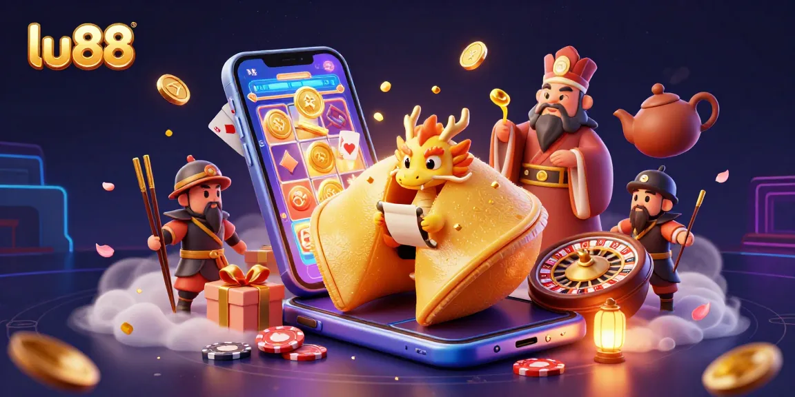 Spin colorful slot games at lu88 with golden fortune cookie and dragon adventure.