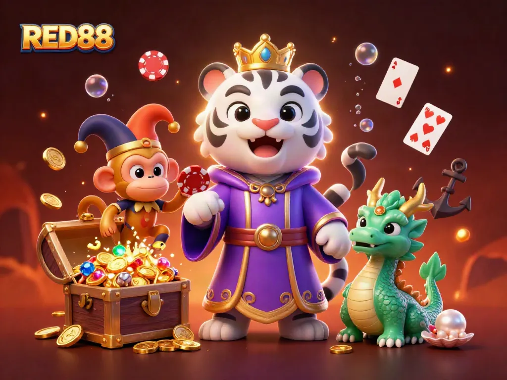Experience the thrill of slots and jackpots at RED88 with immersive 3D casino characters and vibrant game elements.