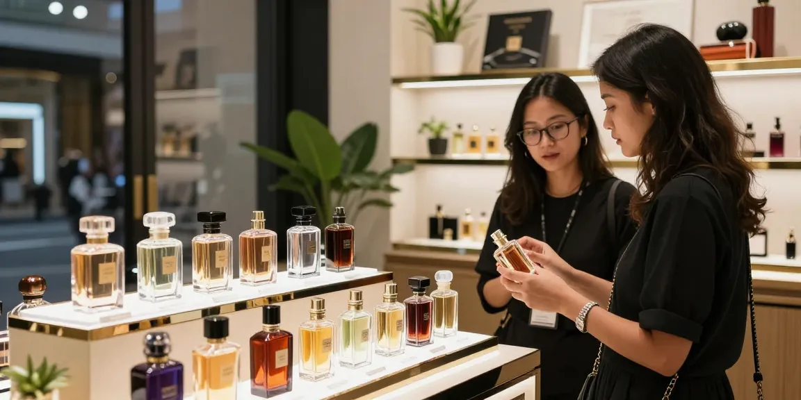 Razamani Si luxury perfumes displayed in a chic store setting, inviting shopping experience.