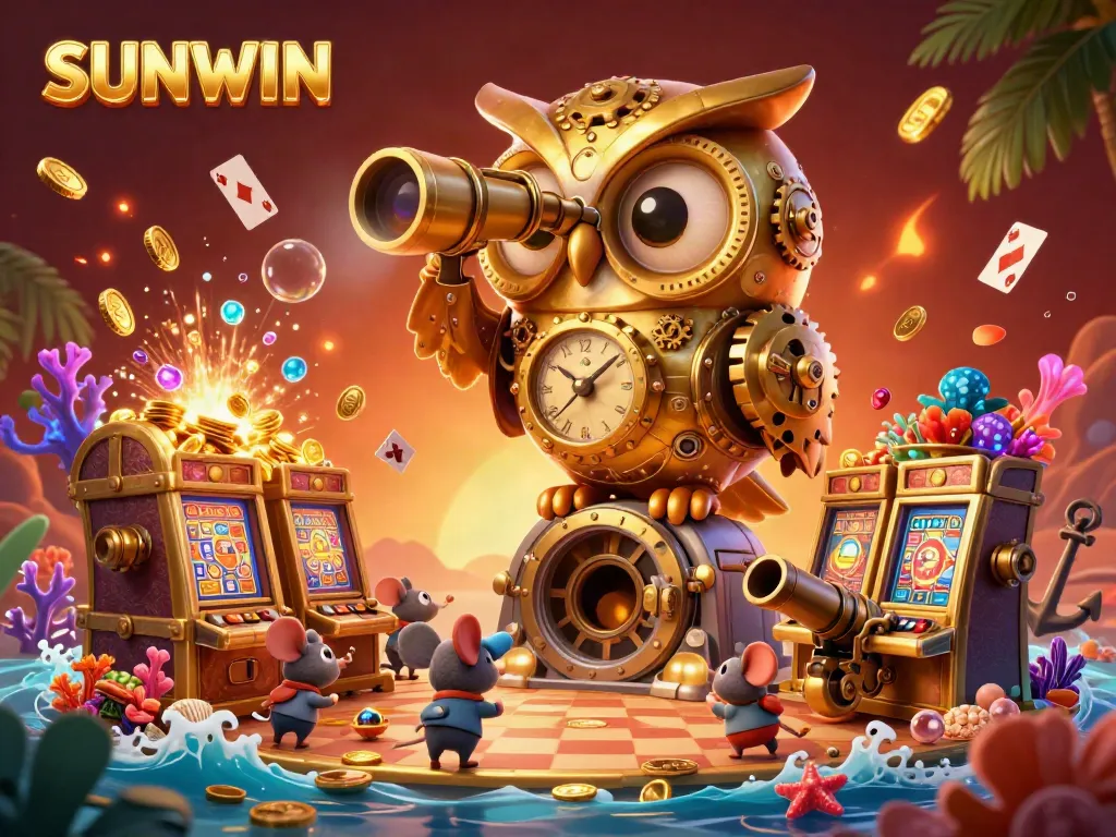 SUNWIN offers vibrant 3D illustrations of casino scenes with colorful slot machines exploding with treasures.