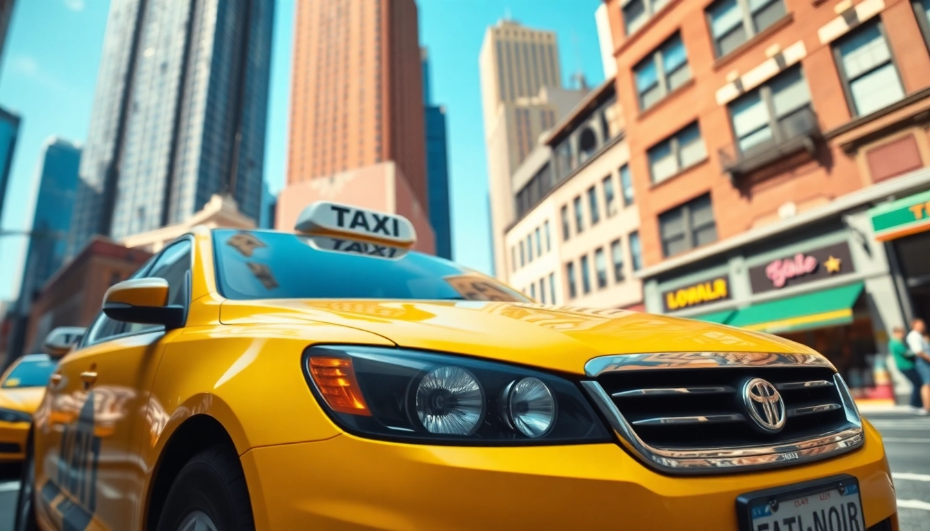 Taxi navigating a vibrant city street amidst bustling urban life.