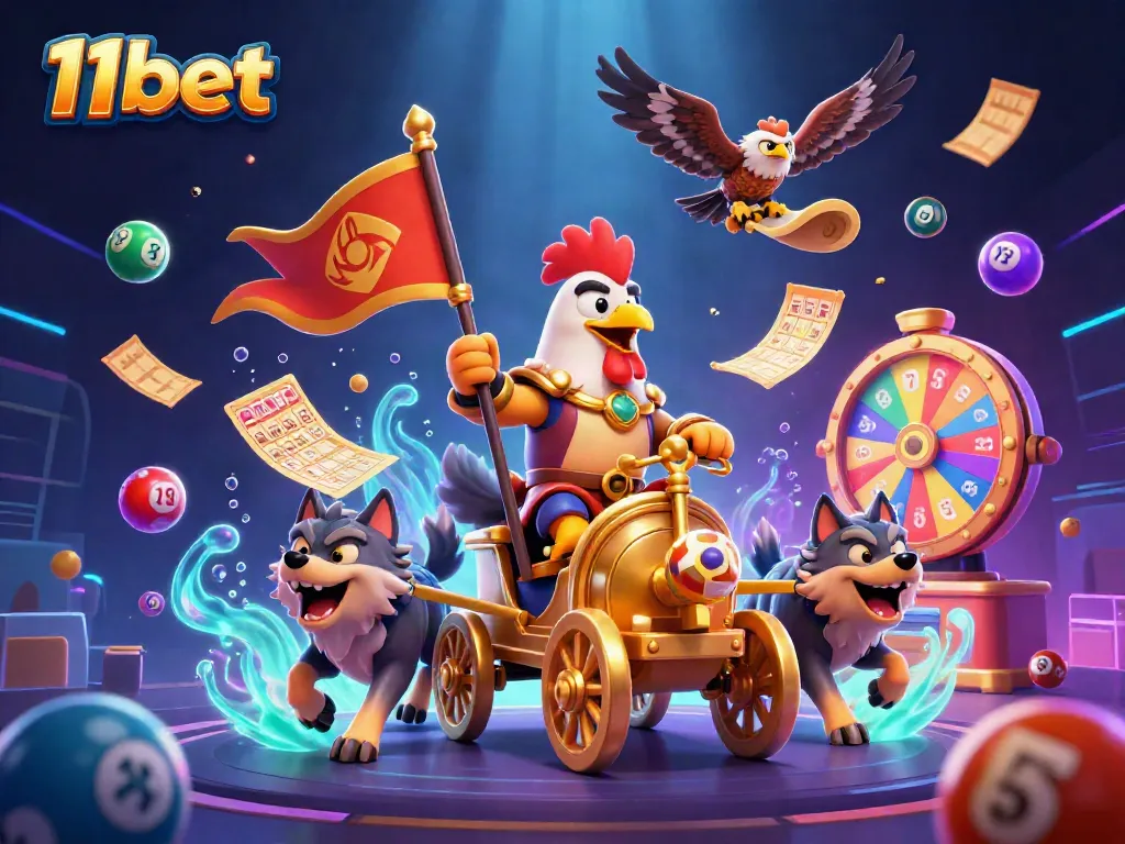 Engage with the thrilling 11bet experience as a rooster warlord leads a dynamic casino adventure.