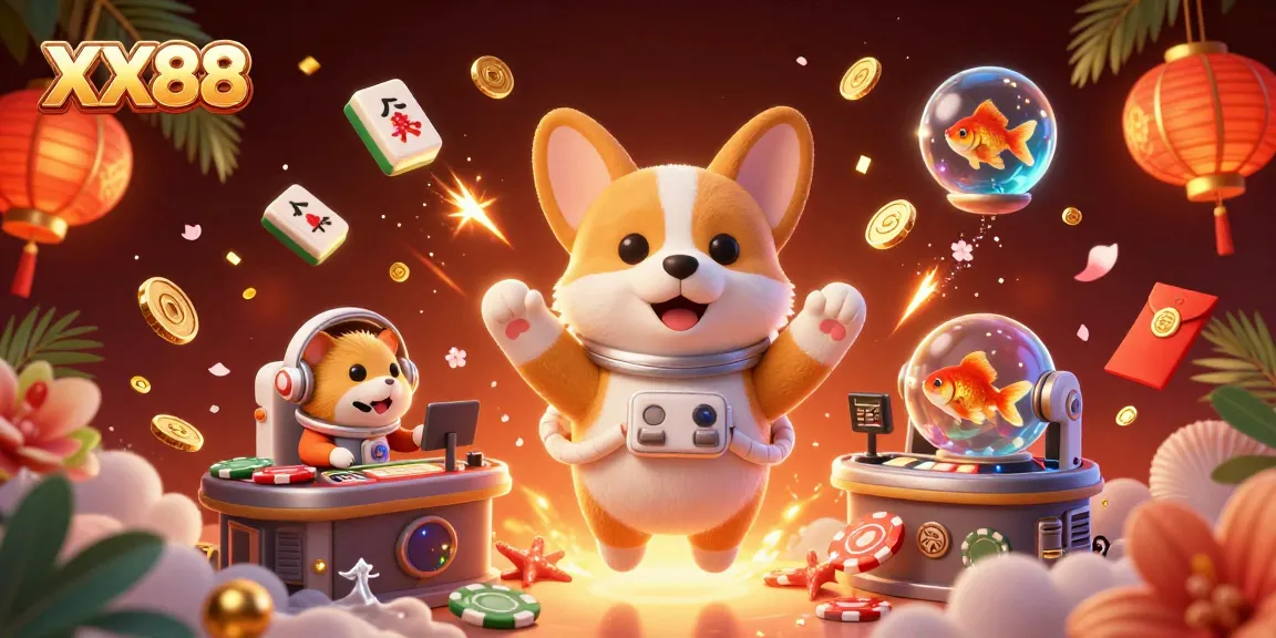 Experience the excitement of XX88 with a vibrant casino illustration featuring an astronaut corgi and festive gaming elements.
