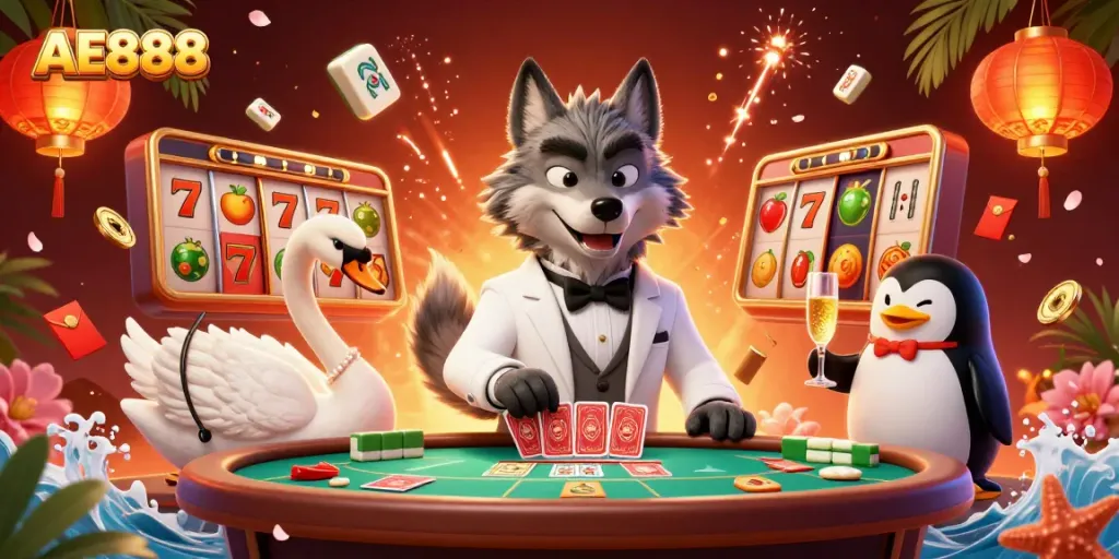 Join the lively AE888 casino experience with our charming trio celebrating wins at the baccarat table.