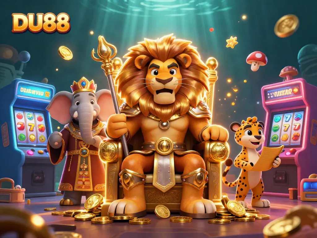 Engage in exciting gameplay at DU88 while watching a fierce lion king and friends in a lavish casino scene.