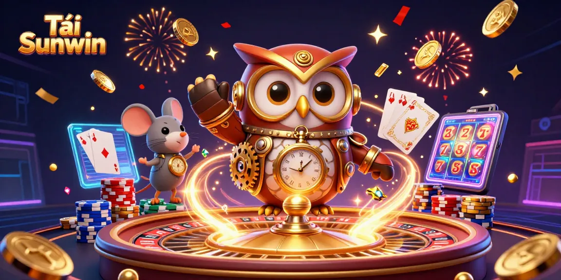 Tải Sunwin with a 3D cartoon time-traveler owl amid a rich casino scene featuring vibrant gaming elements.