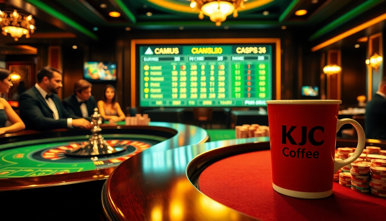 Enjoying KJC Coffee while placing bets at an upscale casino table with roulette and poker elements.