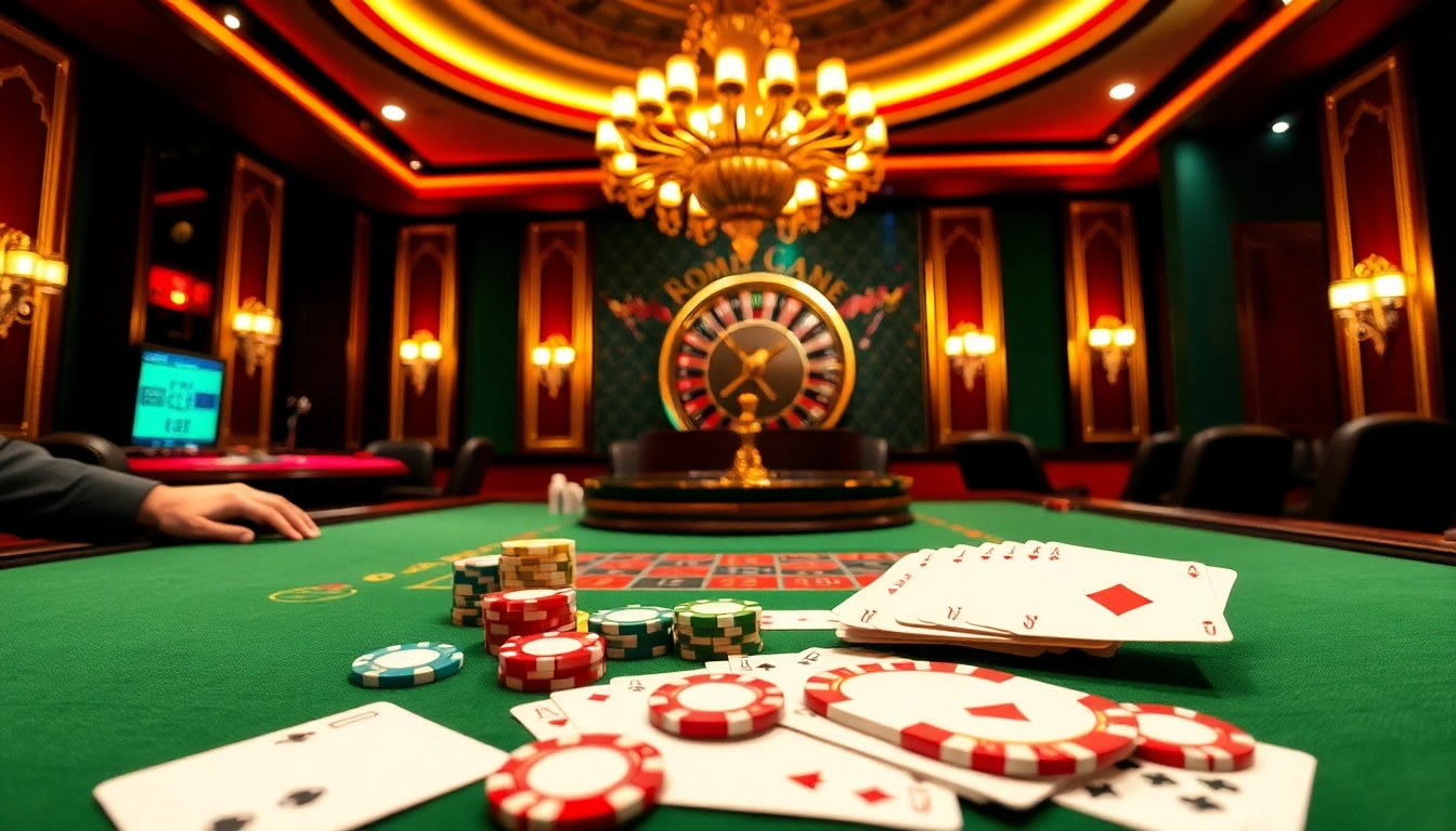 Experience the thrill of VJ88 as players engage with vibrant poker chips and elegant casino décor.
