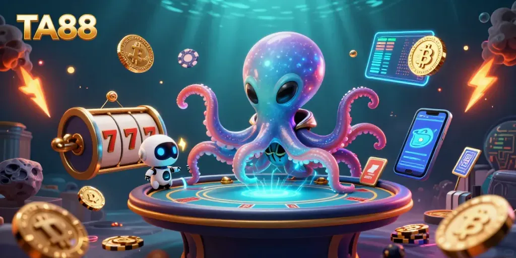 Engage with TA88's thrilling casino experience featuring an alien octopus at a holographic poker table.