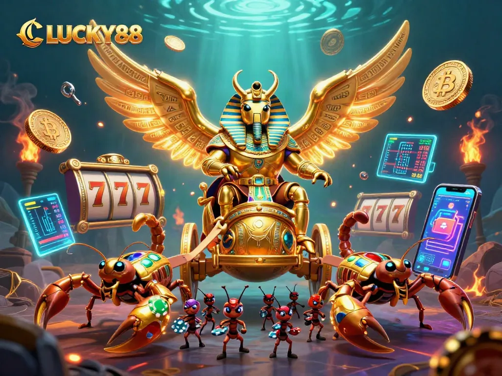Experience the thrilling LUCKY88 adventure with engaging slot reels and gold scorpions in a vibrant casino setting.