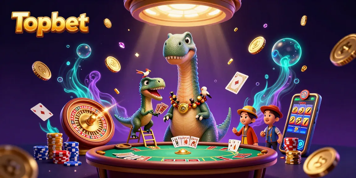 Experience Topbet's dynamic gaming scene with a giant brontosaurus and casino elements.