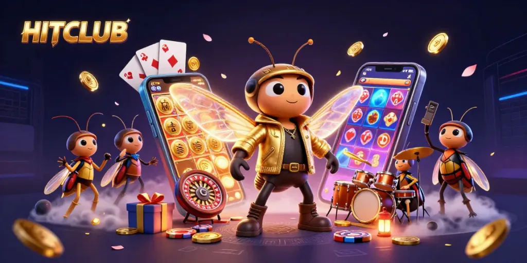 Spin the reels with HITCLUB in this vibrant illustration showcasing animated casino action.