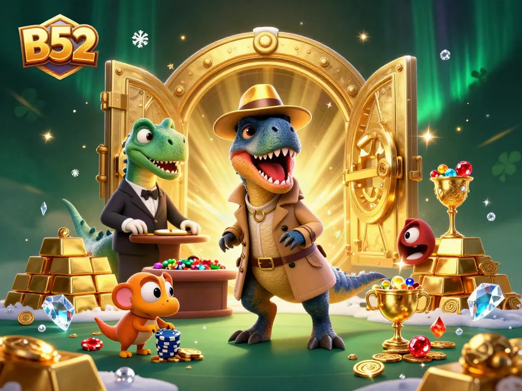 Engage with B52 at the blackjack table with playful characters in a vibrant casino scene.