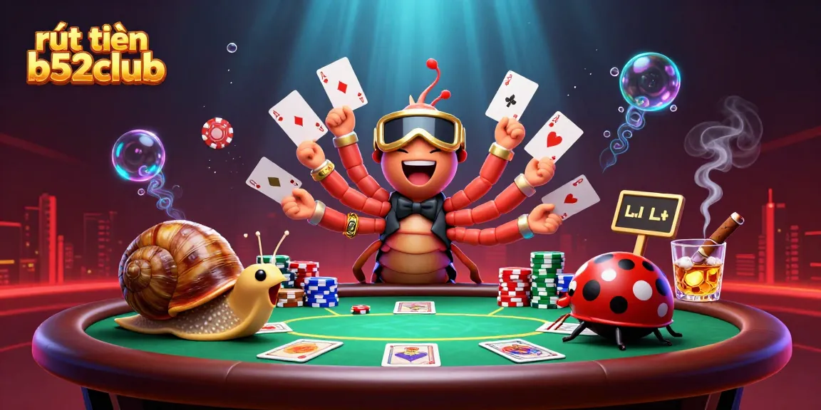 Experience rút tiền b52club with a lively illustration featuring a millipede dealer, high-roller snail, and chips.