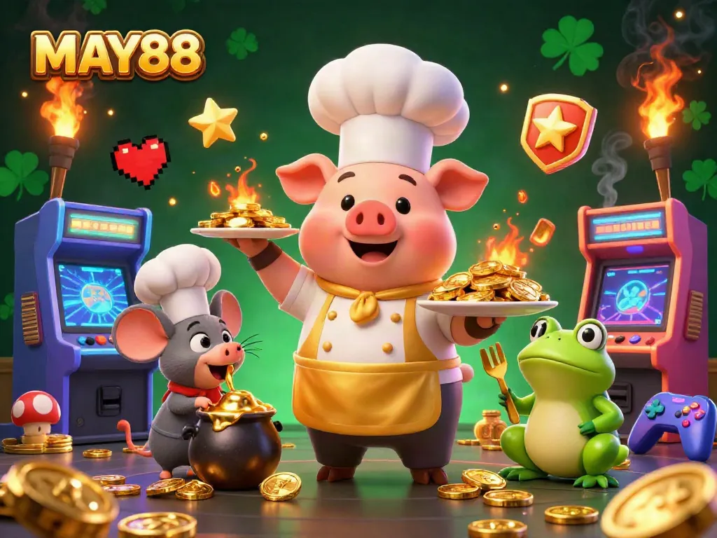 MAY88 offers vibrant 3D gambling fun with chefs and coins amidst arcade elements and casino gold.