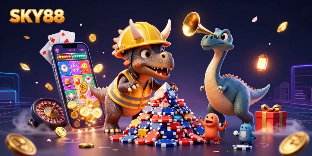 Experience the vibrant world of SKY88 gaming with a celebratory scene featuring casino elements and playful characters.