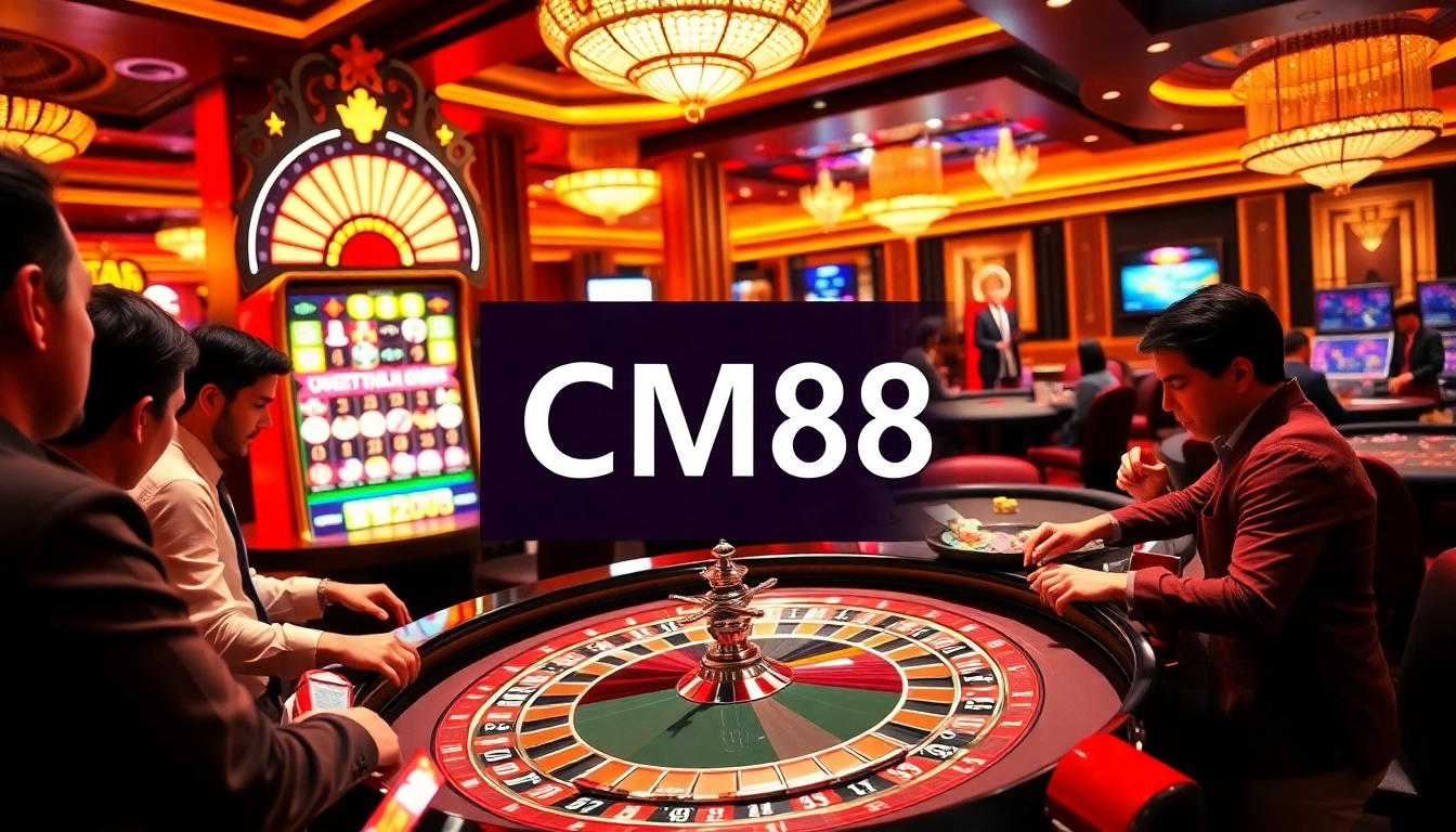 Experience thrilling gameplay at a casino featuring CM88 as players engage with roulette and slots.